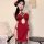 Red vintage qipao lingerie featuring sexy peony embroidery, high-slit design, perfect for wedding costumes.