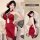 Red vintage qipao lingerie featuring sexy peony embroidery, high-slit design, perfect for bodycon wedding costumes.