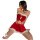 Woman wearing red velvet lingerie set with white fur trim, featuring a strapless top and short skirt, styled as a sexy christ...