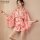 A woman models a pink floral patterned kimono-style dress with sheer sleeves, featuring a corset design, suitable for women s...