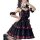 A black and red plaid rock gothic lolita dress featuring a strapless design, double-sided lace, and blue accent details.