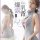 Woman modeling romantic sheer lace lingerie set with open-front backless knit sweater and mini skirt sleepwear outfit.
