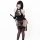 A woman models a sheer lace cheongsam dress featuring floral patterns, leather buckle accents, and a split design, perfect fo...
