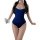 Woman modeling blue ruohan swimsuit bodysuit with white trim, holding a book.