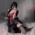 A woman poses with a fan, wearing a sheer black and red japanese-style costume resembling a kimono robe. the outfit features ...