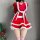 Woman wearing red velvet christmas-themed lingerie set with white fur trim, featuring a short skirt and playful design.
