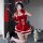 A woman poses in a festive red velvet christmas outfit featuring a short skirt, cat ears, and gloves, perfect for holiday cel...