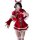 A person wearing a festive red dress with white fur trim, cat ears, gloves, and stockings, posing for a mirror selfie.