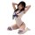 Woman kneeling in white and blue sailor cosplay bodysuit with deep v-neck, bow tie, and striped thigh-high socks.