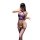 Woman wearing a purple sheer bodystocking with open crotch and suspender stockings, taking a mirror selfie.