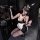 Woman in black bunny girl lingerie set with lace mask, bow tie, and thigh-high stockings posing by wine cabinet.