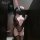 Woman wearing luxury seductive bunny girl sleepwear set with pink bow bodysuit, lace trim, thigh-highs, and bunny ears.