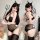 Woman modeling black sheer mesh devil lingerie set with cat ears and trident prop, showing front and back views.