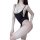 Woman modeling black backless bodysuit swimwear with low-cut front and no-remove design.