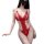 Woman wearing red lace bodysuit with cut-outs and backless design, part of the seductive lace bodysuit set for women.