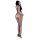 Woman wearing a seductive lace bodysuit, featuring a mesh one-piece design with intricate patterns and high heels.