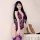 Woman modeling purple lace bodysuit with deep v-neck, backless design, and open-crotch detail. seductive lingerie set shown w...