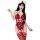Woman modeling red lace bodysuit sleepwear with open crotch, backless cutout design, and matching thigh-high stockings.