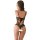Woman wearing black lace bodysuit with back ties, sheer design and floral detailing.