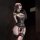 Woman in black lace bondage bodysuit with sheer panels, insertable design, and matching thigh-highs.