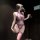 Woman modeling purple lace lingerie set with sheer halter bodysuit, removable cups, and matching stockings in dimly lit room.