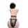 Woman wearing black lace lingerie set with sheer panels and floral detailing, back view.