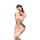 Woman in seductive lace lingerie set with sheer sleepwear, removable cups, and garter stockings.