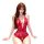 Woman wearing red lace lingerie set with deep v-neck and floral detailing, designed for sensual sleepwear or intimate occasio...
