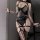 Sexy bodysuit with sheer lace mesh design, bondage-inspired straps and fishnet stockings for intimate wear.