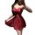 Woman wearing a red lace mesh slip dress with pleated skirt, showcasing a seductive and provocative lingerie outfit.