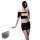 Woman modeling black seductive lace peek-a-boo two-piece sleepwear set with low-cut bra and matching shorts.