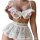 Woman wearing white lace sheer babydoll nightgown with push-up bra and flirty skirt, featuring delicate floral embroidery and...