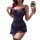 Woman in navy lace lingerie set holding wine glass, featuring floral details and ruffled hem for intimate evenings.