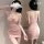 Woman wearing a pink, form-fitting dress with a deep neckline and ruched details, shown from front and back views.