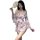 Woman in pink floral robe with bow, holding fan—seductive maid costume lingerie set: modest yet alluring sleepwear for women.