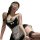 Woman wearing black and white maid lingerie set with lace trim, fishnet stockings, and blindfold.