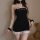 Seductive black lace skirt set with cat ear details, pink trim, and matching choker – air hostess style boudoir outfit.