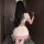 Woman in seductive nurse costume set, featuring modest lace bodycon dress with busty illusion design, viewed from behind.