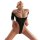 Woman wearing black open-crotch bodysuit with sheer cutouts and off-shoulder design, posing seductively in ice silk lingerie.