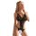 Woman wearing black lace open-crotch bodysuit with sheer panels and thong back, designed for small bust enhancement.