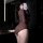 Woman in brown lace mesh lingerie set taking mirror selfie, sheer see-through bra and panty outfit for plus size women.
