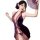 Woman in seductive purple cheongsam lingerie with open back, holding fan. pure-yet-tempting sleepwear, no-remove design.
