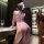 Seductive purple sheer mesh cheongsam lingerie set featuring a split design with ties, no-remove style, showcased on a stylis...