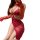 Woman in red sheer lingerie set with long gloves, featuring a bra and flowing skirt for seductive sleepwear style.