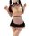 Woman in black and pink maid outfit with sheer apron, bow tie, and thigh-high stockings. seductive no-remove maid costume set...