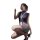 Woman in navy blue sleeveless top and gray pencil skirt, posing seductively with one hand raised, wearing black heels and a l...