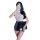 Woman in white lace top and gray mini skirt holding phone and folder, showcasing seductive secretary-style lingerie set.