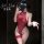 Woman in red lace lingerie set with bow detail, sheer fabric, and matching garter belt.