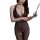 Woman wearing black sheer bodystocking with lace straps and open-crotch design, holding a folder.