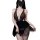 Woman wearing black sheer lace sleepwear set with pearl necklace, featuring transparent lingerie and delicate straps.